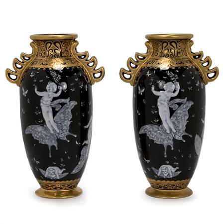 Lot image - Companion Pair of Art Nouveau Style Gilt and Enameled Ceramic Two-Handled Vases