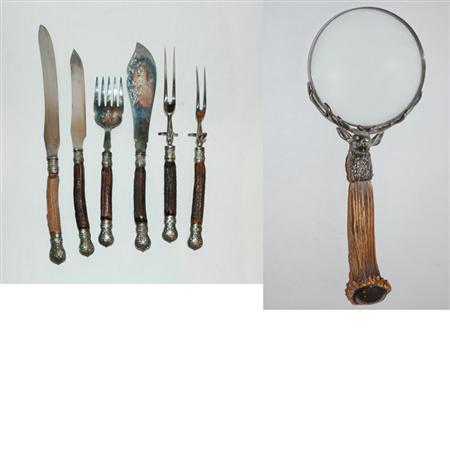 Lot image - Set of English Silver and Silver Plate Mounted Stag Horn Carving and Serving Pieces