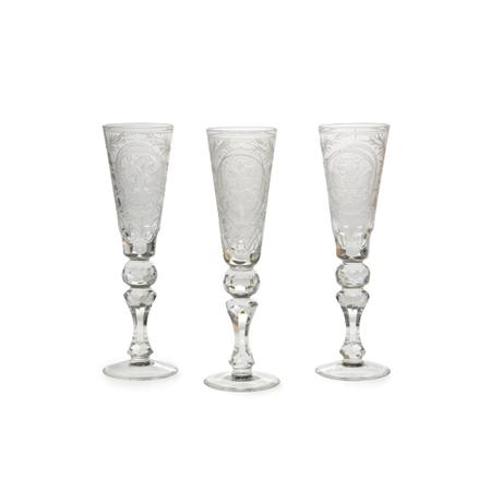 Lot image - Set of Twelve Russian Cut and Wheel Engraved Glass Champagne Flutes