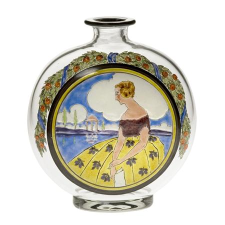 Lot image - Bohemian Art Deco Enameled Glass Vase