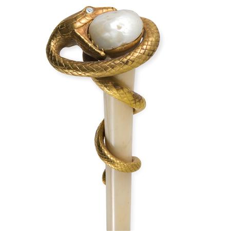 Lot image - Diamond, Fresh Water Baroque Pearl, 18 Kt. Yellow Gold and Ivory Mounted Parasol