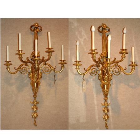 Lot image - Pair of Louis XVI Style Gilt-Metal Five-Light Sconces