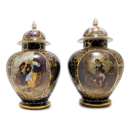 Lot image - Pair of Dresden Gilt Decorated Porcelain Urns