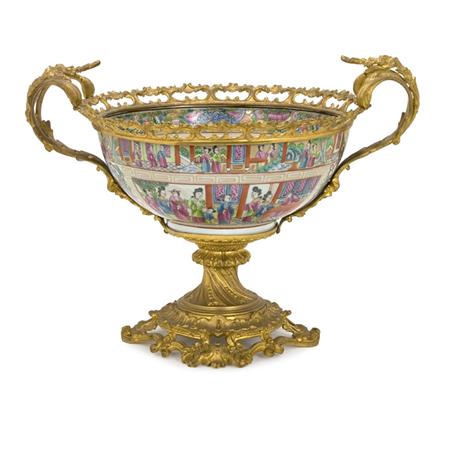 Lot image - Chinese Export Gilt-Metal Mounted Famille Rose Porcelain Two-Handled Center Bowl