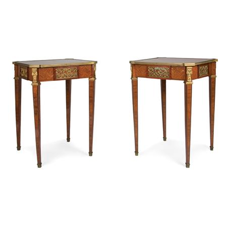 Lot image - Pair of Louis XVI Style Gilt-Metal Mounted Parquetry Inlaid Walnut Side Tables