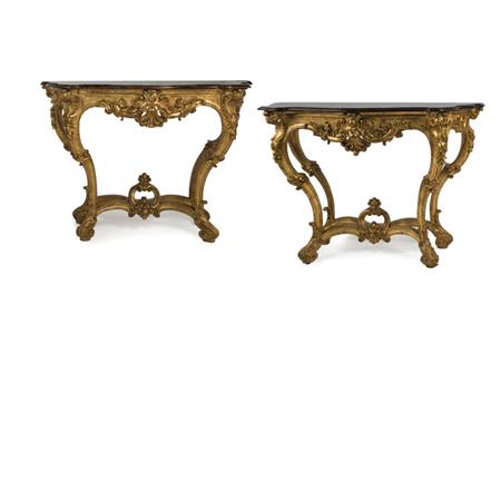 Lot image - Pair of Louis XV Style Parcel Gold Painted Wood and Mahogany Consoles
