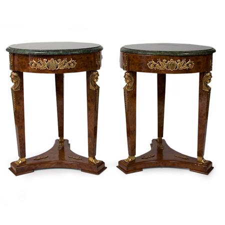 Lot image - Pair of Empire Style Gilt-Metal Mounted Burl-Walnut Side Tables