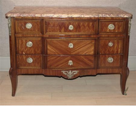 Lot image - Louis XVI Style Gilt-Metal Mounted Inlaid Walnut and Mahogany Commode