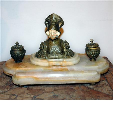 Lot image - Art Deco Bronze, Ivory and Onyx Figural Inkstand