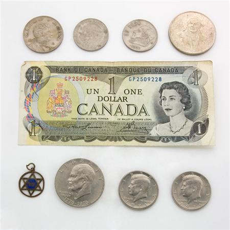 Lot image - Assorted Group of Foreign Coins, Gold Jewelry, Currancy and Silver and Metal Pendants