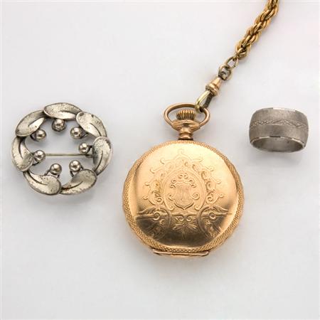 Lot image - Ladys Hunting Case Pocket Watch with Chain, One Silver Pin and One Wedding Band