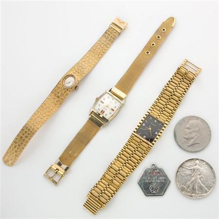 Lot image - Assorted Silver and Clad U.S. Coins, Tokens, Three Metal Wristwatchs and One Gold Charm