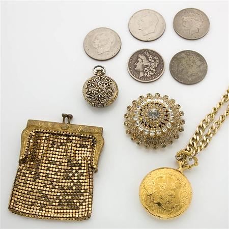 Lot image - Assorted Group of Gold, Metal, Diamond and Rhinestone Jewelry and Silver and Clad U.S. Coins