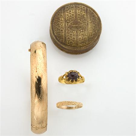 Lot image - Two Rings, One Gold Bangle Bracelet and One Metal Box