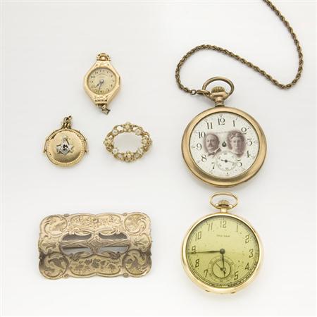 Lot image - Assorted Group of Gold and Metal Jewelry and Coins and Pocket Watches