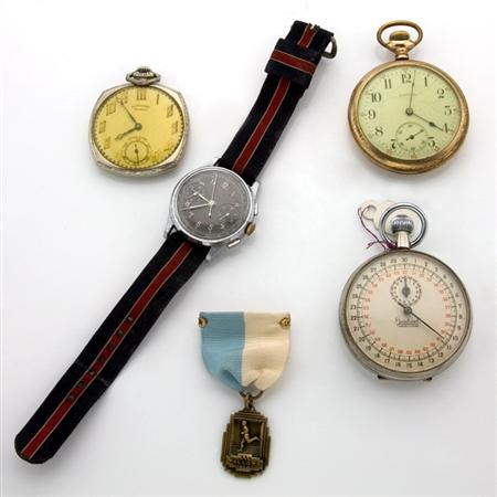 Lot image - Assorted Group of Medals, Pocket Watches, Costume, Metal and Gold Jewelry