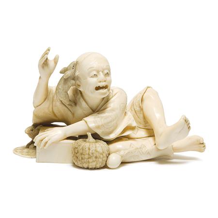 Lot image - Japanese Ivory Okimono of a Rat Catcher