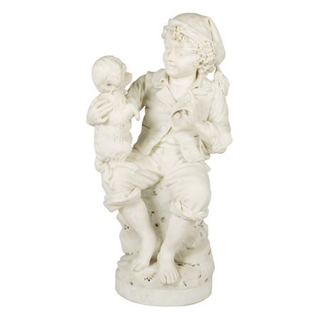 Lot image - Italian Carved White Marble Figure of a Boy and His Dog; Together with a Victorian Gilt-Metal Mounted Green Onyx Columnar Pedestal