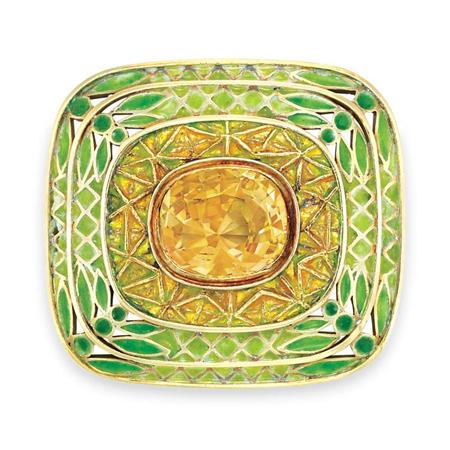 Lot image - Gold, Enamel and Yellow Sapphire Pendant-Brooch, Tiffany & Co., by Louis Comfort Tiffany