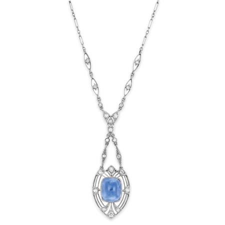 Lot image - Platinum, Cabochon Sapphire and Diamond Lavaliere