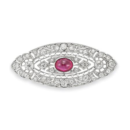 Lot image - Platinum, Cabochon Ruby and Diamond Filigree Brooch