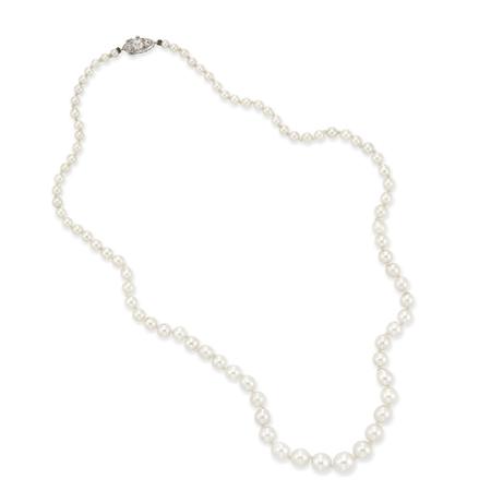 Lot image - Cultured Pearl Necklace with Platinum and Diamond Clasp, Tiffany & Co.