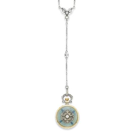 Lot image - Platinum, Gold, Diamond, Guilloche Enamel and Diamond Pendant-Watch with Chain, Black, Starr & Frost
