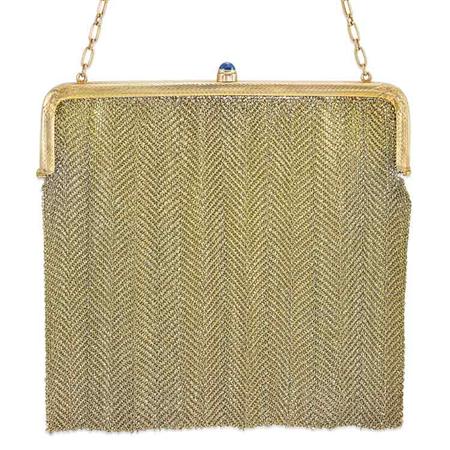 Lot image - Antique Gold and Cabochon Sapphire Mesh Purse