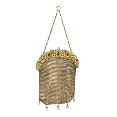 Lot image - Antique Gold, Ruby, Diamond and Freshwater Pearl Mesh Purse