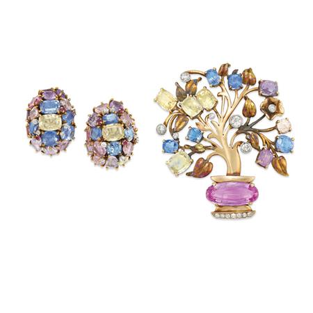 Lot image - Gold, Pink Topaz, Multicolored Sapphire and Diamond Brooch and Pair of Cluster Earclips