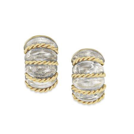 Lot image - Pair of Gold and Fluted Rock Crystal Shrimp Earclips, Seaman Schepps
