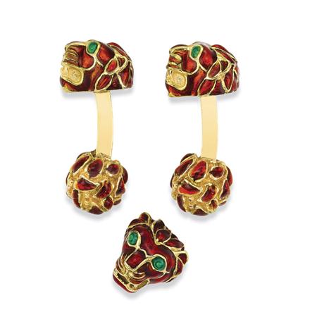 Lot image - Pair of Gold and Brownish-Orange Enamel Lion Head Cufflinks and Tie Tack, David Webb