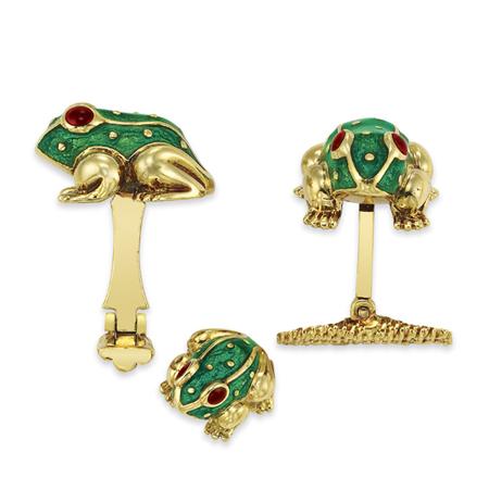 Lot image - Pair of Gold and Green Enamel Frog Cufflinks and Tie Tack, David Webb