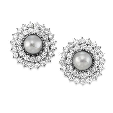 Lot image - Pair of Mabe Pearl and Diamond Earrings
