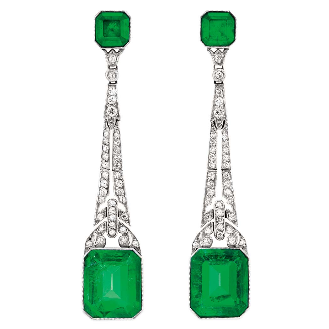 Lot image - Pair of Art Deco Platinum, Simulated Emerald and Diamond Pendant-Earclips