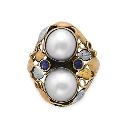 Lot image - Arts and Crafts Gold, Platinum, Pearl and Sapphire Ring