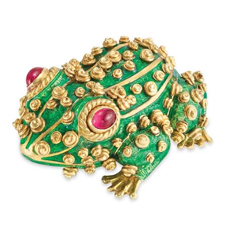 Lot image - Gold, Green Enamel and Cabochon Ruby Frog Clip-Brooch, David Webb