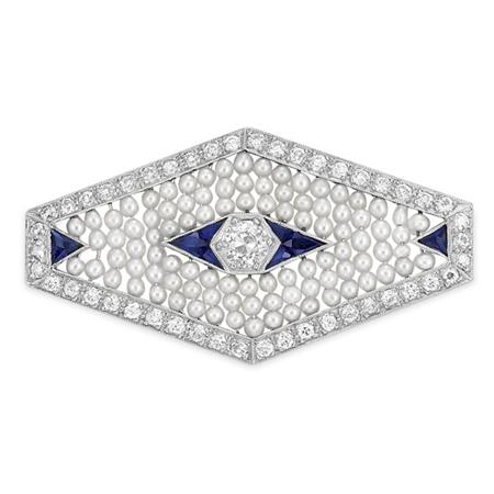 Lot image - Edwardian Platinum, Seed Pearl, Diamond and Synthetic Sapphire Brooch