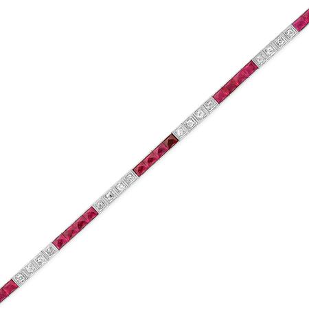 Lot image - Diamond and Synthetic Ruby Straightline Bracelet