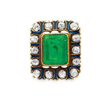 Lot image - Antique Gold, Emerald, Diamond and Blue Enamel Ring