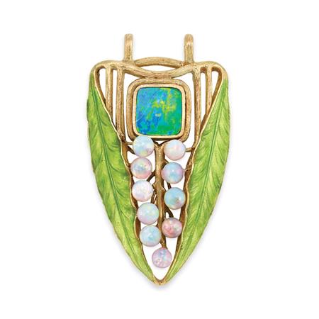 Lot image - Art Nouveau Double Sided Gold, Black Opal, Opal and Enamel Leaf Pendant, Tiffany & Co., by Louis Comfort Tiffany