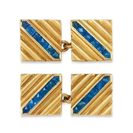 Lot image - Pair of Gold and Sapphire Cufflinks, Trabert & Hoeffer, Mauboussin