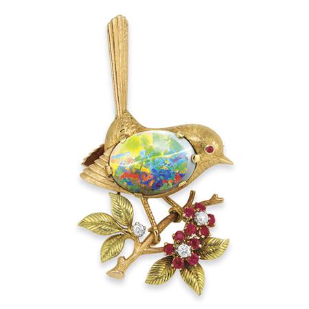 Lot image - Gold, Opal, Ruby and Diamond Bird Brooch