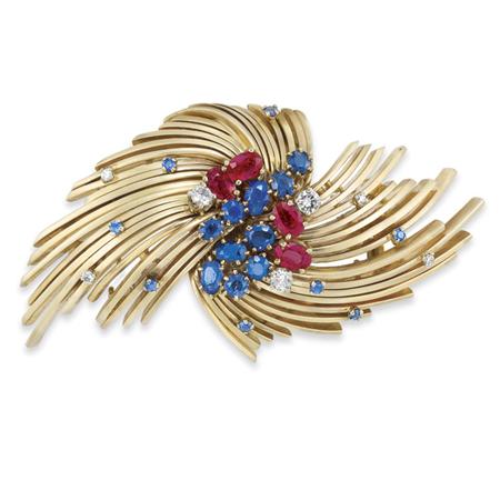 Lot image - Gold, Ruby, Sapphire and Diamond Spray Clip-Brooch