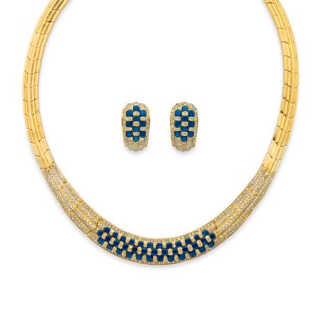 Lot image - Gold, Sapphire and Diamond Necklace and Pair of Half-Hoop Earrings