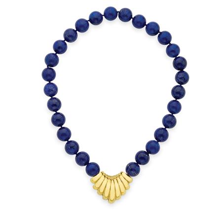 Lot image - Lapis Bead Necklace with Gold Clasp