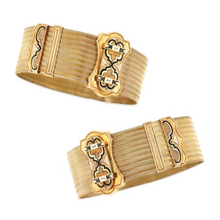 Lot image - Pair of Antique Gold, Black and White Enamel Slide Bracelets