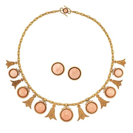 Lot image - Etruscan Revival Gold and Angel Skin Coral Necklace and Pair of Earclips