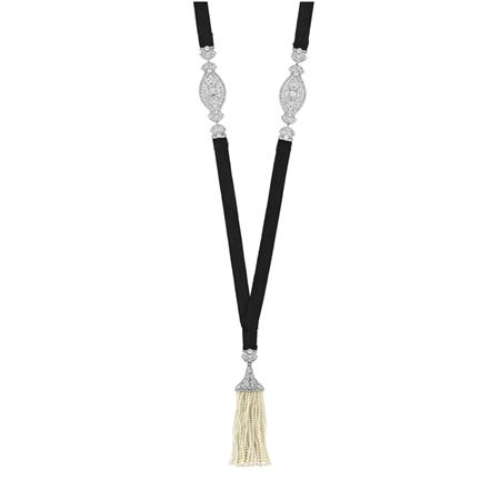 Lot image - Platinum, Diamond, Seed Pearl and Grosgrain Ribbon Sautoir