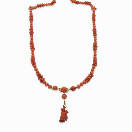 Lot image - Antique Coral and Carved Coral Bead, Gold and Carved Coral Pendant-Necklace